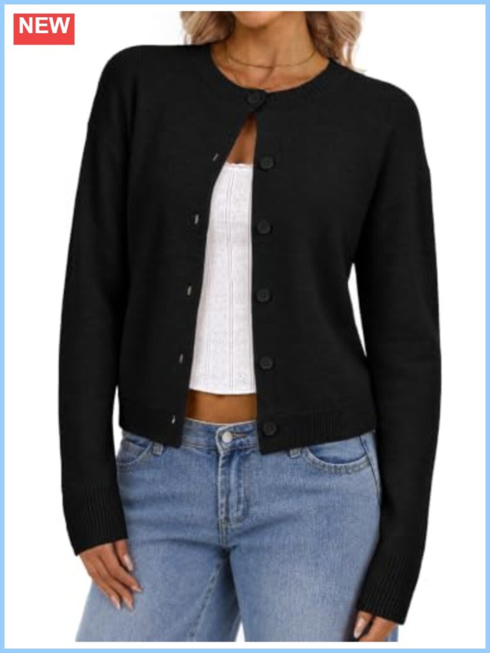 Cropped Cardigan Sweater Button-Front Crew Neck Lightweight Knit